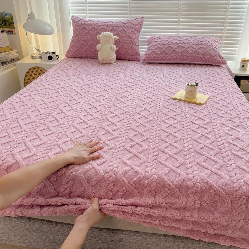 Flannel Sheets Fashion Solid Color Jacquard Comfortable Soft Elastic Bedspread Coral Fleece Fluffy Fitted Bed Sheets for Bed