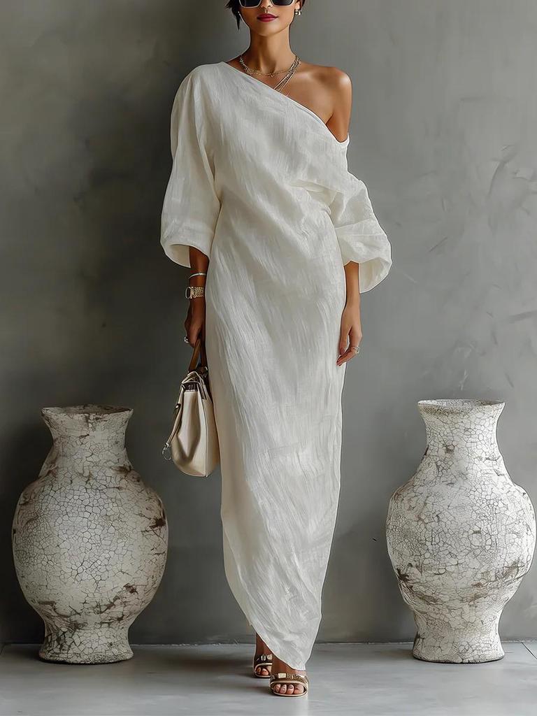 European Spring/Summer Women's Off-the-Shoulder Long Sleeve Midi Dress