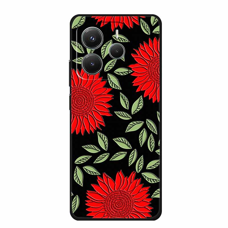 3D Emboss Case For Xiaomi Redmi Note 14 Phone Case Flowers Black Silicone Soft Back Cover Coque For Redmi Note 14 5G Global Case