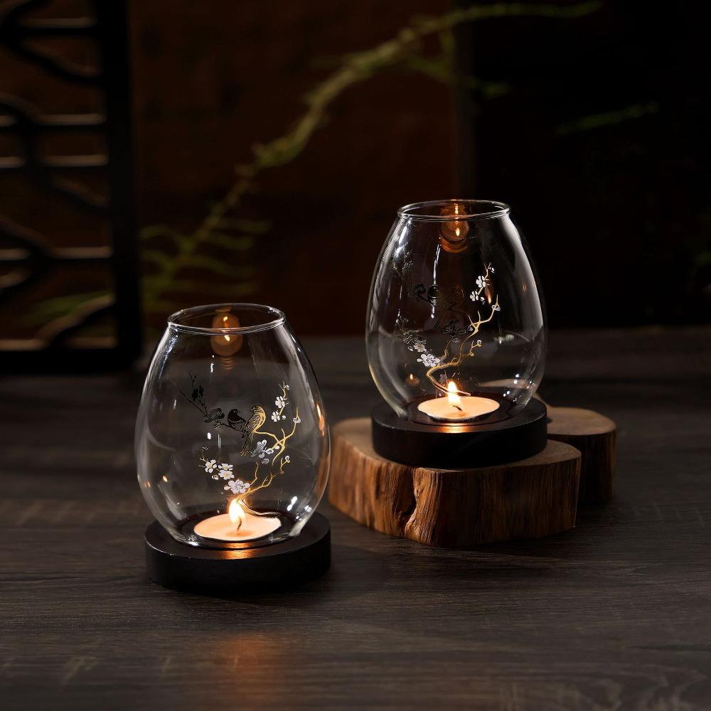 Evropský Retro Styl Průhledný Skleněný Svícen Dřevěný Podstavec Domácí Větruodolný Šálek na Svíčku Zrcadlový Stolík Ložnice Obývací Pokoj Dekorace