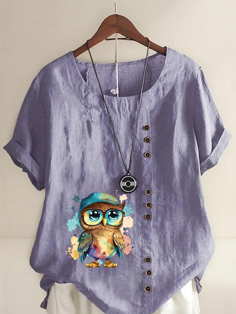 Women's Fashion Cool Owl Print Round Neck Short Sleeve T-shirt Casual Cotton Linen Graphic Shirt Leisure Loose Summer Blouse Tops
