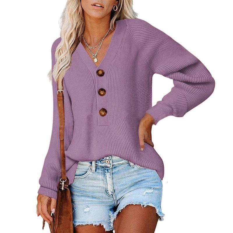 Womens V-Neck Knit Sweater Loose Fit Cotton Long Sleeve Winter Casual Top