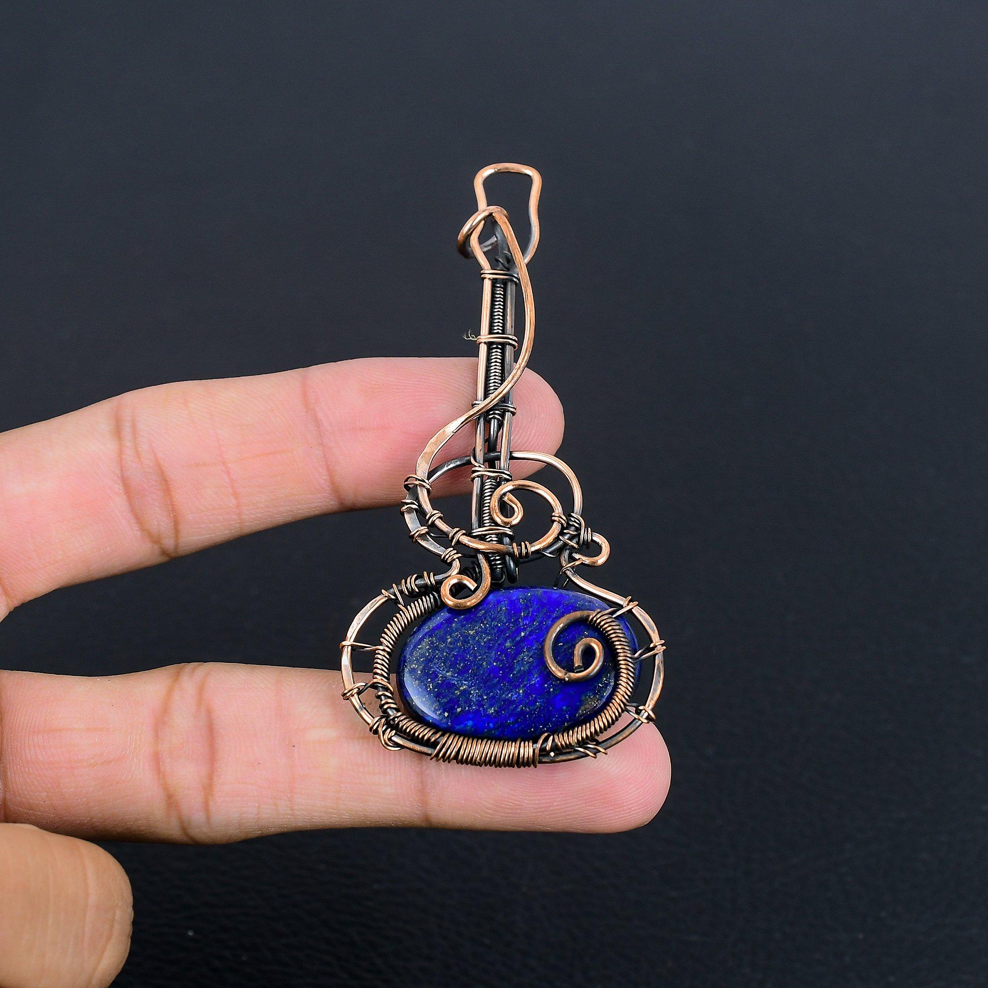 

Подвеска из лазурита, ювелирное изделие из драгоценного камня ручной работы, подвеска, обернутая медной проволокой 999 пробы, ювелирная подвеска уникального дизайна 2.28 Inches