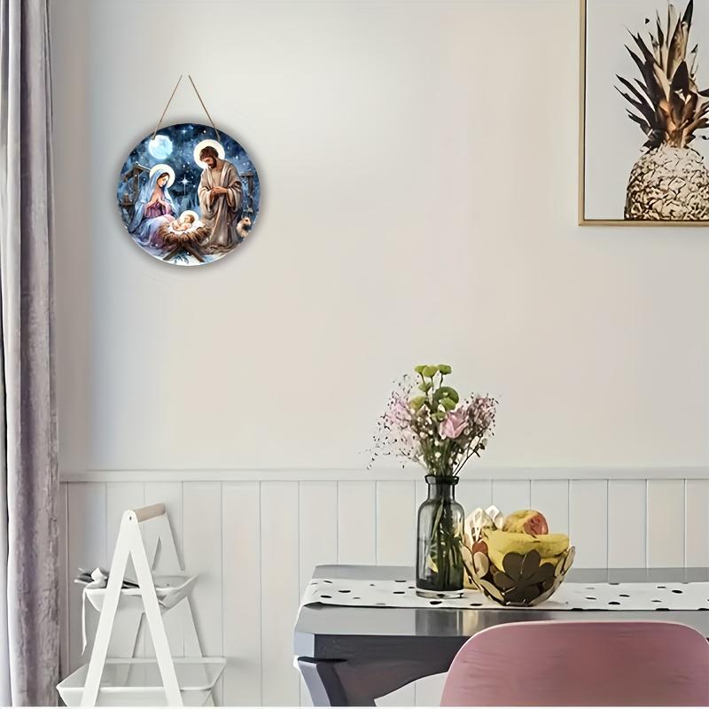 5 buc. semn rustic din lemn cu scenă a Nașterii Domnului, 20x20 cm, coroană - Sfânta Familie în iesle, perfect pentru decorațiuni de Crăciun, agățat pe ușă și perete, ideal pentru casă, cafenea