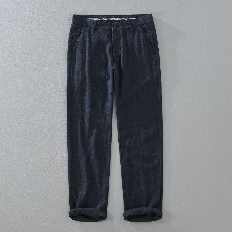 Men s Loose Straight-Leg Linen Pants, Summer Tencel Breathable Japanese Retro High-End Versatile Casual Pants Blue 29