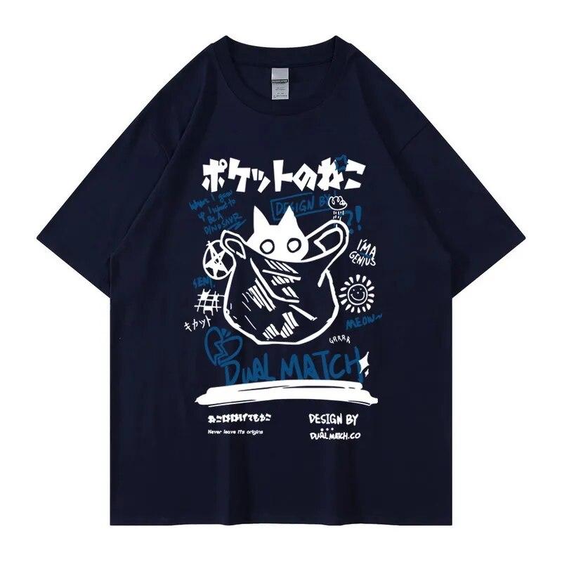 Unisex Cartoon T-Shirts 2023 Summer Harajuku Kawaii Cat Printed Short Sleeve Tees FeUnisex Couple Streetwear Loose Clothes Y2K Tops