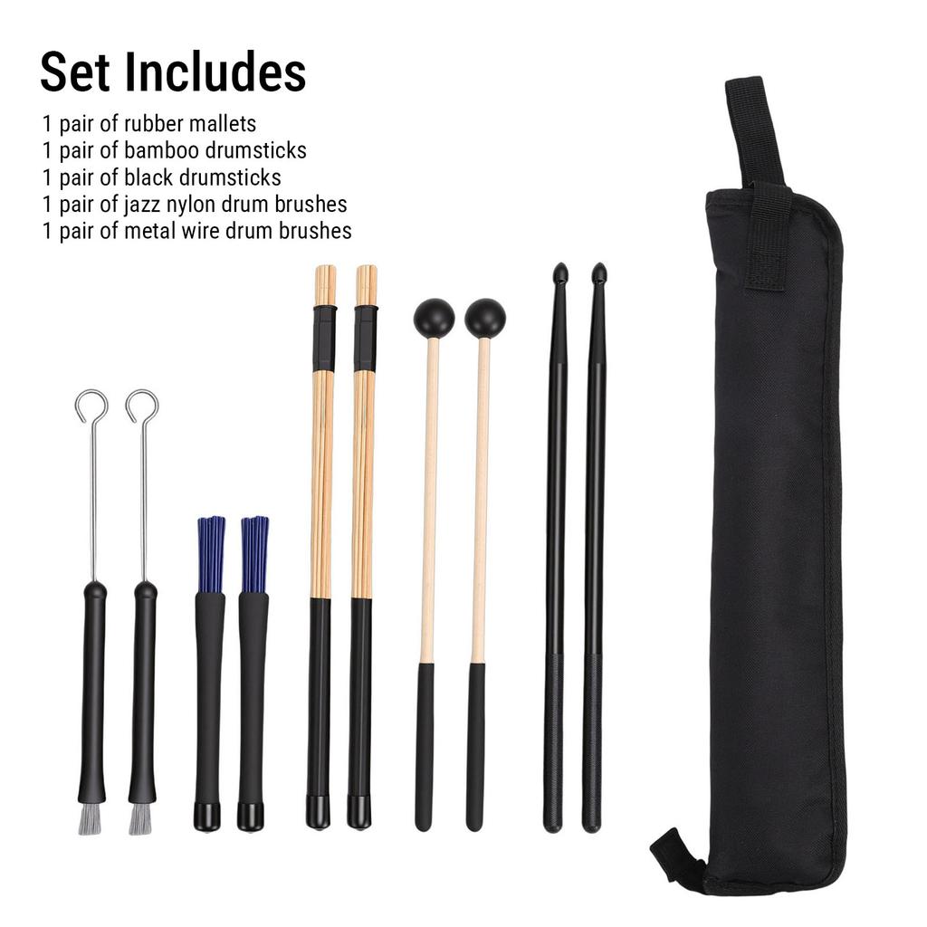 Bamboo Bundle Drumsticks Drumstick Set 5 Pairs Drum Sticks Mallets Brushes with Oxford Cloth Bag for Practice Performance