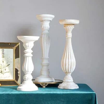 White Wood Powder Candlestick Vintage Wooden White Embryo Candlestick