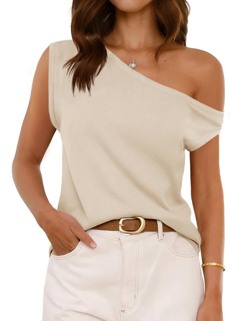 Women's One Shoulder Ribbed Knit Tank Top Loose Sleeveless Trendy Vest
