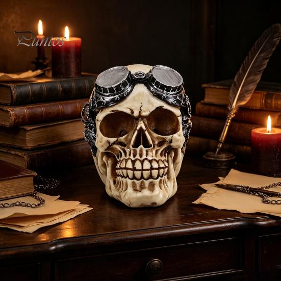 Durable Synthetic Resin Ornaments Hip-hop Headphone/Steampunk Skull Figurine, Skeleton Statue, Vintage Steampunk Style Statue Ornament for Haunted