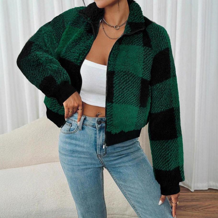 Women's Fashionable Zipper Plaid Plush Warm And Loose Casual Long Sleeved Short Jacket