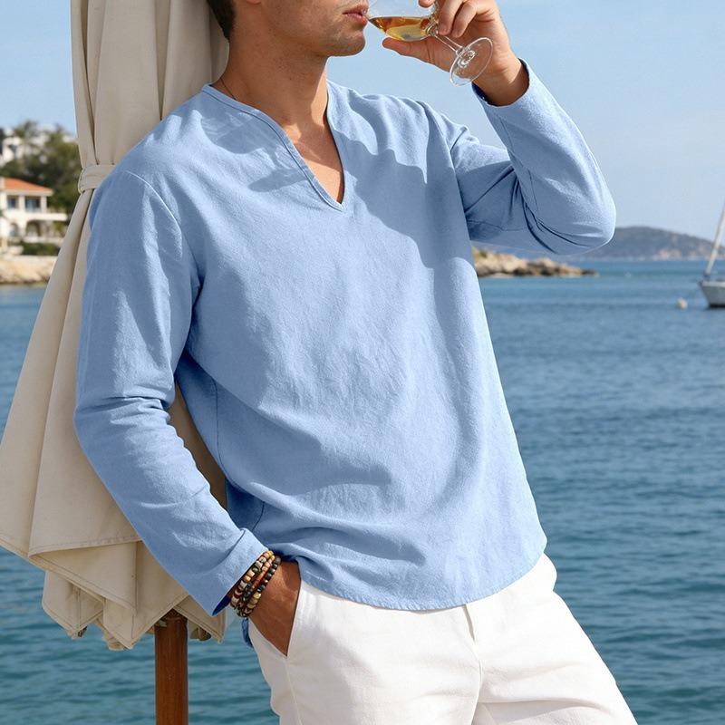 Men Casual Loose V Neck Long Sleeve Linen T Shirt Big Size