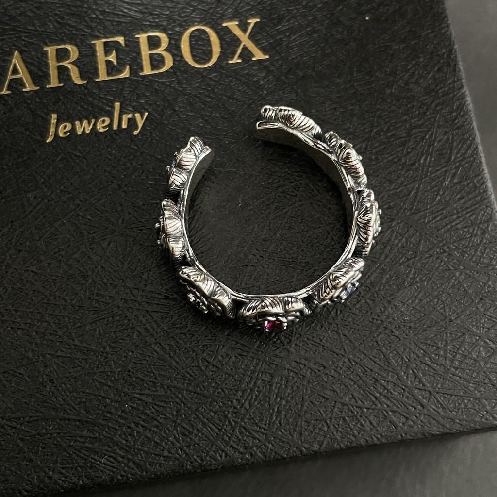 Elegant S925 Silver Rainbow Zircon Rose Flower Hollow Heart Adjustable Ring For Women