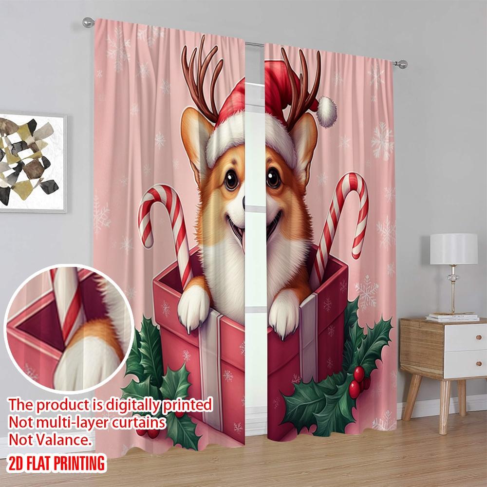2pcs  2D plane printing Pattern Curtains Christmas Corgi Gift Festive Dog (2) Polyester Easy Install (without rod) Versatile All