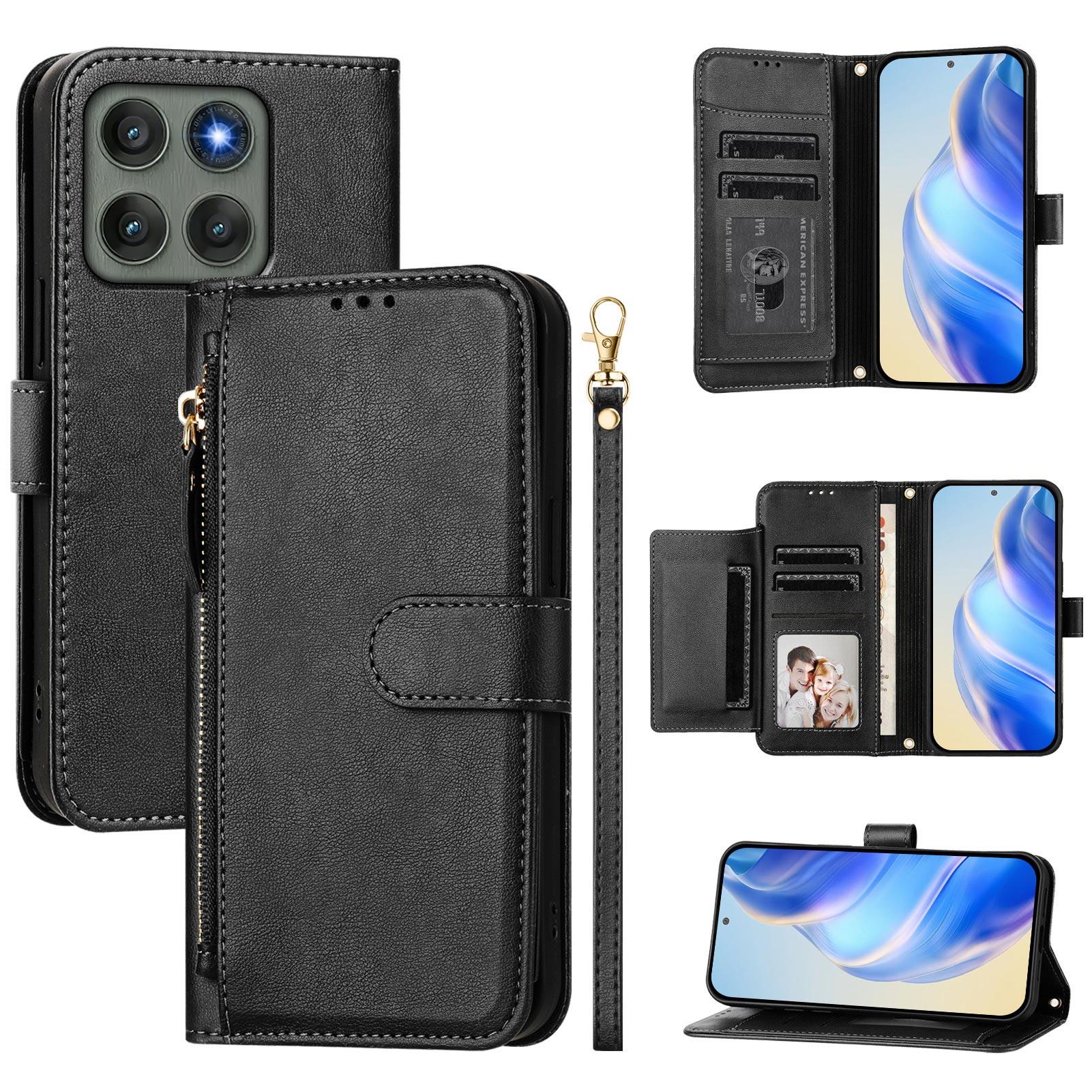 

For Motorola Edge 60 Pro 5G Case Zipper Pocket Multiple Card Slots Leather Phone Cover Black