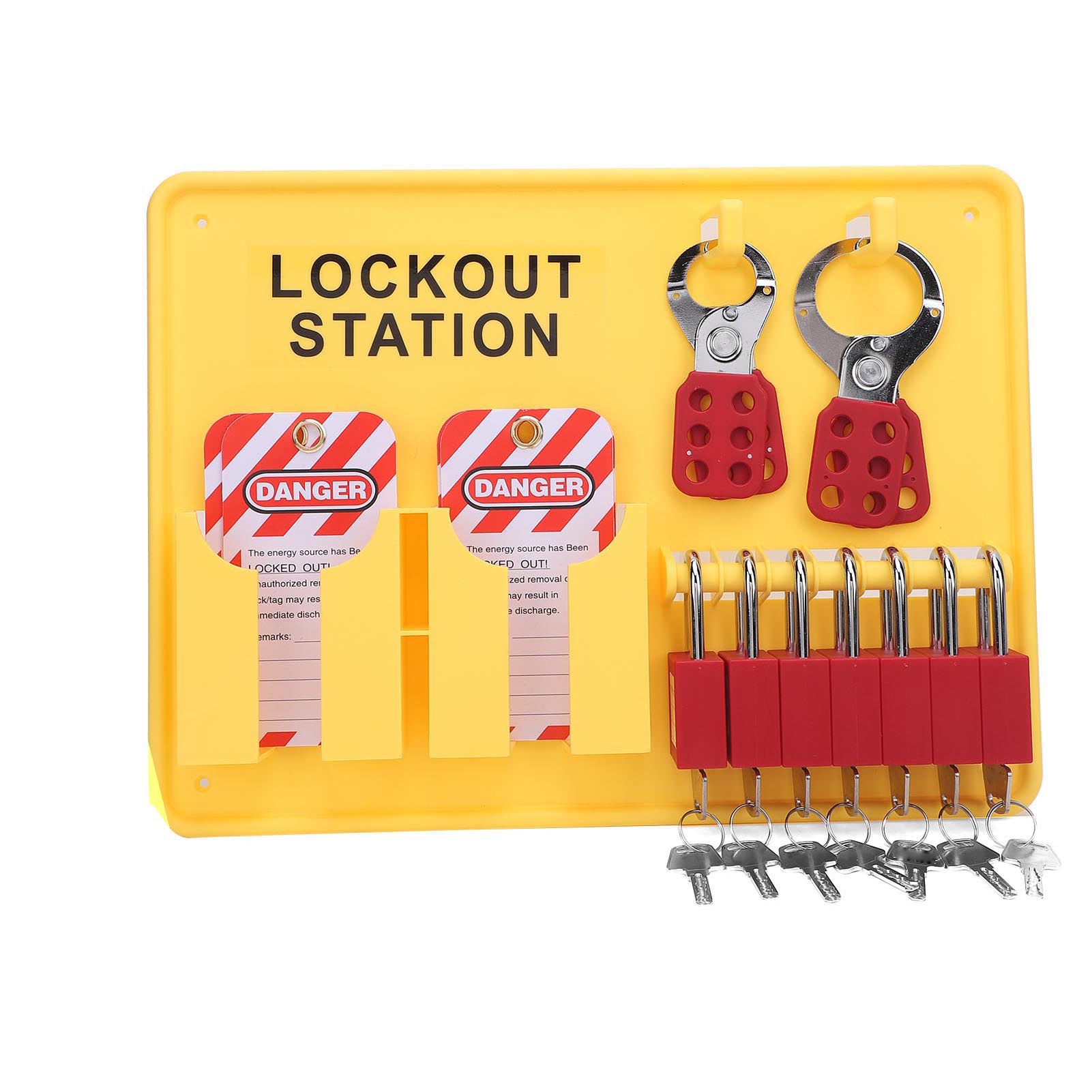 

Комплект станции блокировки и маркировки PC PA Настенное крепление Промышленная безопасность Набор доски для блокировки с 10 бирками 2 замка-защелки Желтый