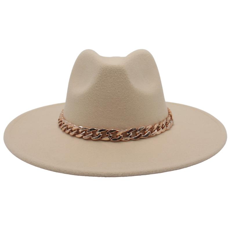 Big Brim Gold Acrylic Chain Felt Hat Solid Color Cashmere Jazz Hat French Top Hat