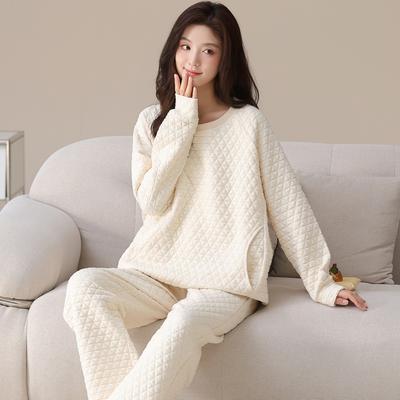 Air Cotton Sandwich Pajamas Women'S Autumn And Winter Cotton Long-Sleeved Thickened And Wearable Loungewear Set