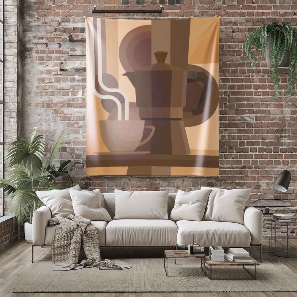Abstract Coffee Pot Cup Wall Tapestry Machine Washable All Season Decor Print Minimalist Modern Design Home Nontoxic Material