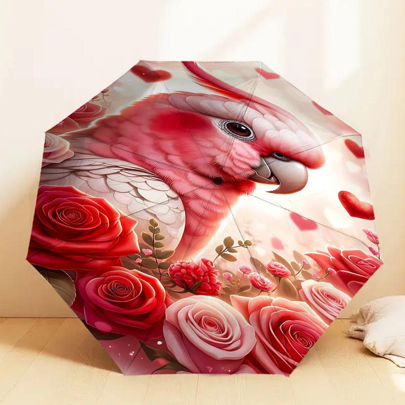 1pc Parrot Roses Automatic Folding Umbrella 8 Rib Iron Frame, Compact Portable Umbrella Suitable for Travel, Daily Use, Birthday, Women & Men Gift 080