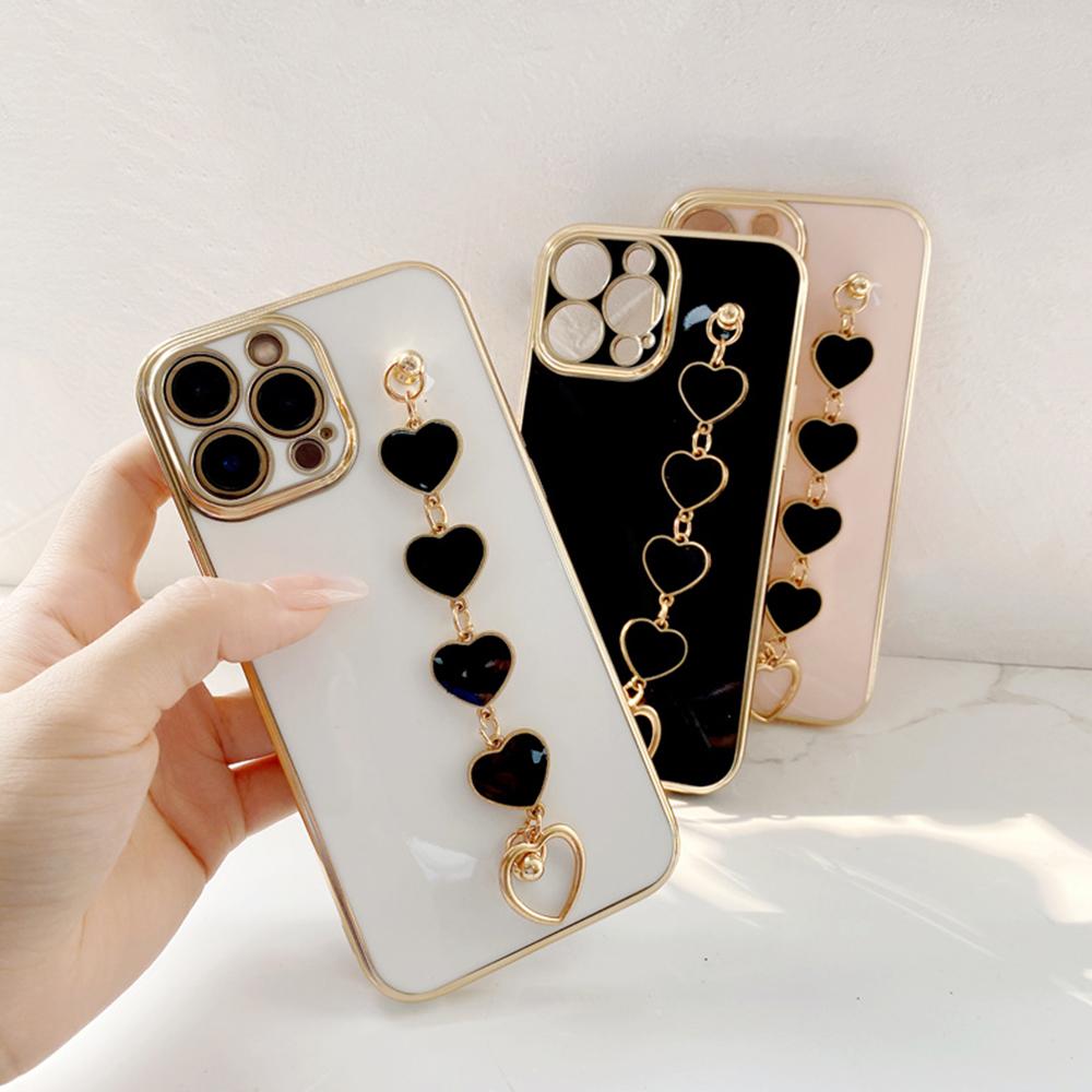 

Роскошный чехол для телефона с черным сердечком и покрытием из мягкого ТПУ для iPhone 15 14 13 Pro Max Xiaomi 14 Redmi Note 13 Pro, чехлы-цепочки for iPhone 6/6s розовый