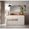 Buffet - IMOLA - Blanc Laqué Brillant / Chêne Clair - 3 Portes - 160 X 43 X 88 Cm - Eclairage LED