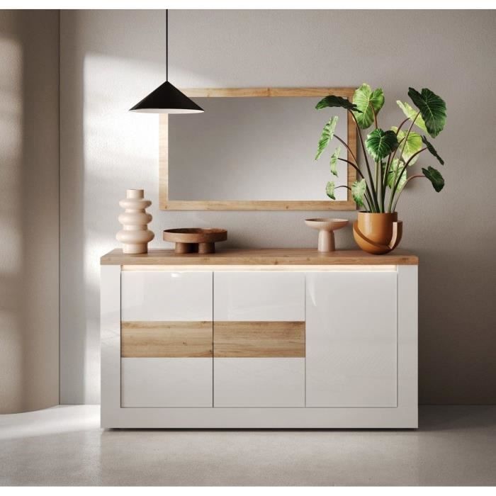Buffet - IMOLA - Blanc Laqué Brillant / Chêne Clair - 3 Portes - 160 X 43 X 88 Cm - Eclairage LED