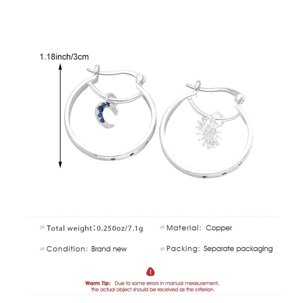 Sun Moon Charm Hoop Earrings Silver Tone Blue Stone Accent Celestial Huggie Earrings for Women