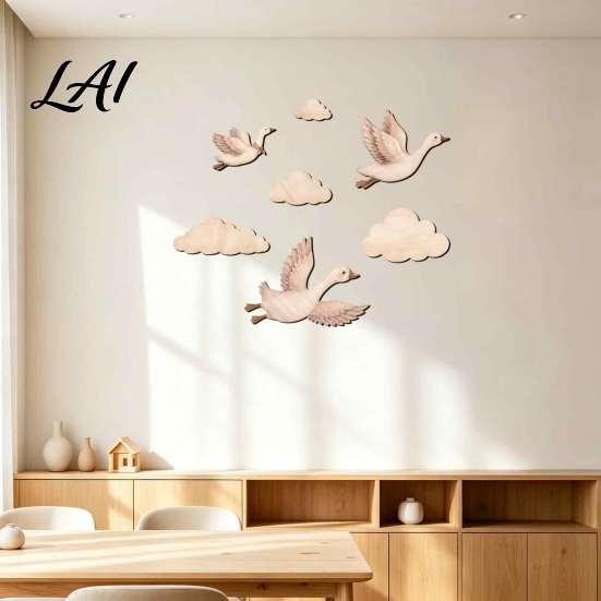 Flying Goose Wall Decals 7Pcs/Set Wooden Decor for Art and Cloud Nursery Self-Adhesive Bohemian Kids Room Background Decoration Bedroom Living Room