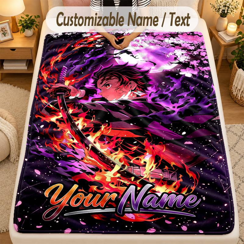 Flannel BlanketDemon Slayer Custom Name Text Personalized Soft Warm Throw Blanket Home Decor Gift