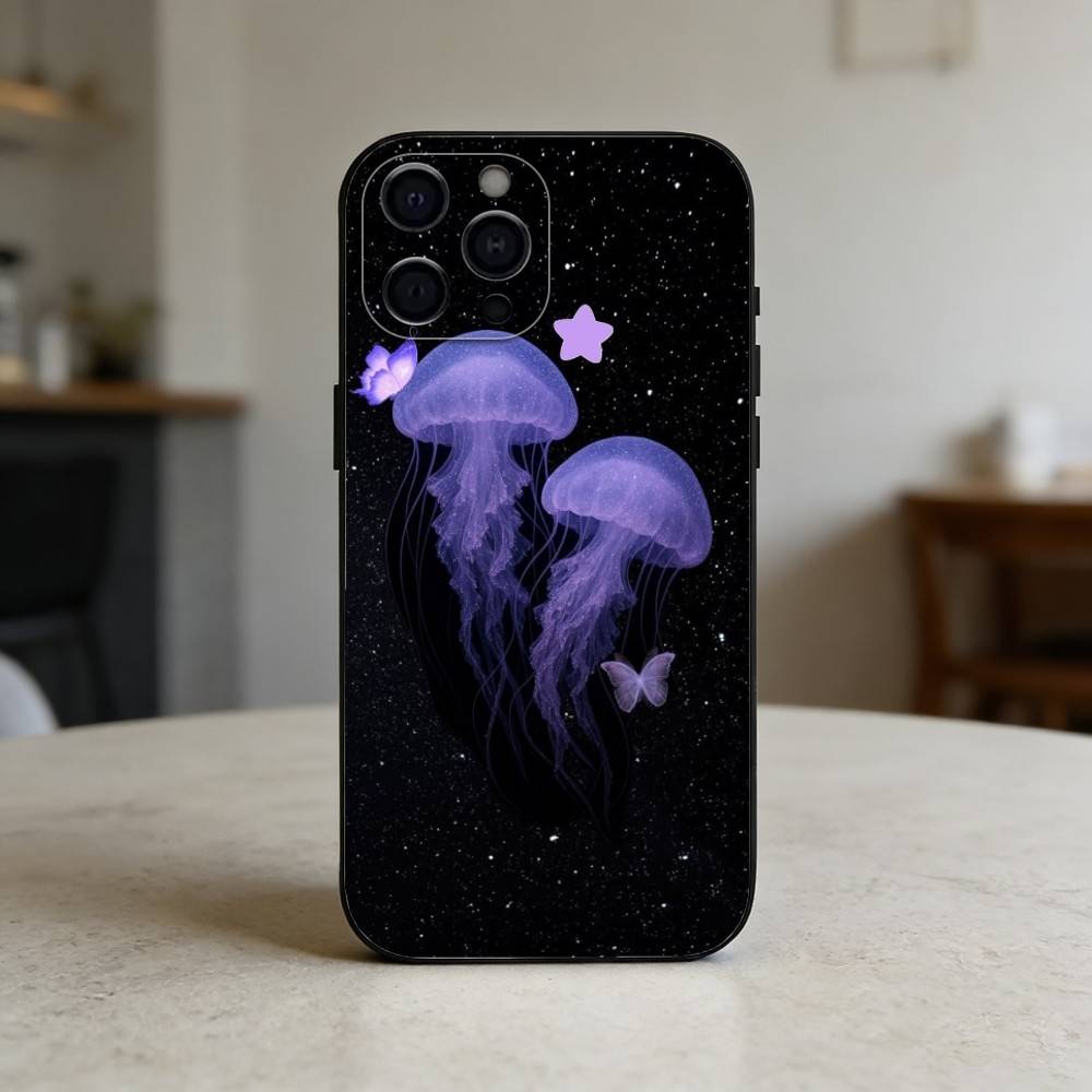 INS C-Cartoon Jellyfish Phone Case Silicone black Soft For IPhone 17,16,15,14,13,12,11,SE,Plus Pro Max