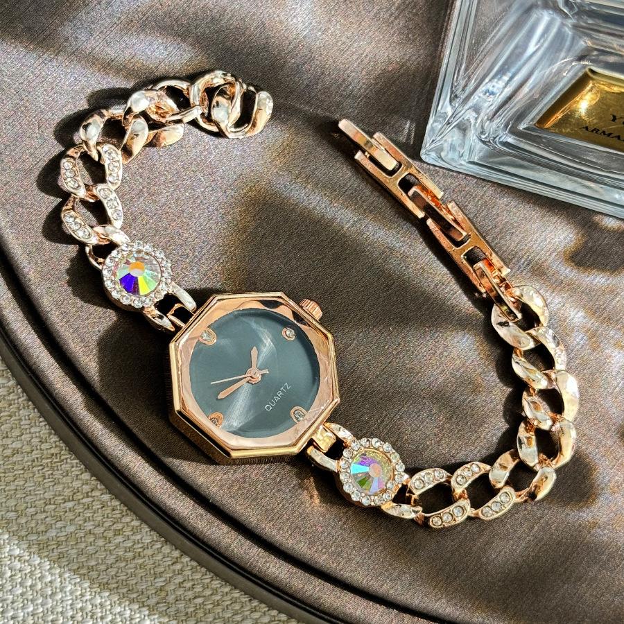 New Retro Women Watches Light Luxury Brand Octagonal Diamond Studded Dial Rainbow Bracelet Quartz Wristwatch Female Clock