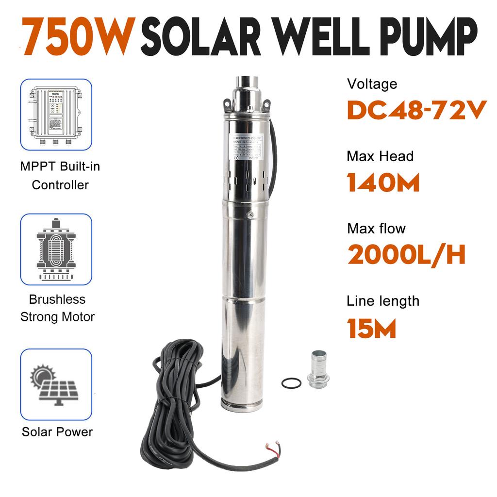 3" 24V 350W/48V 750W Deep Well Solar Submersible Bore Hole Water Pump Built-in MPPT