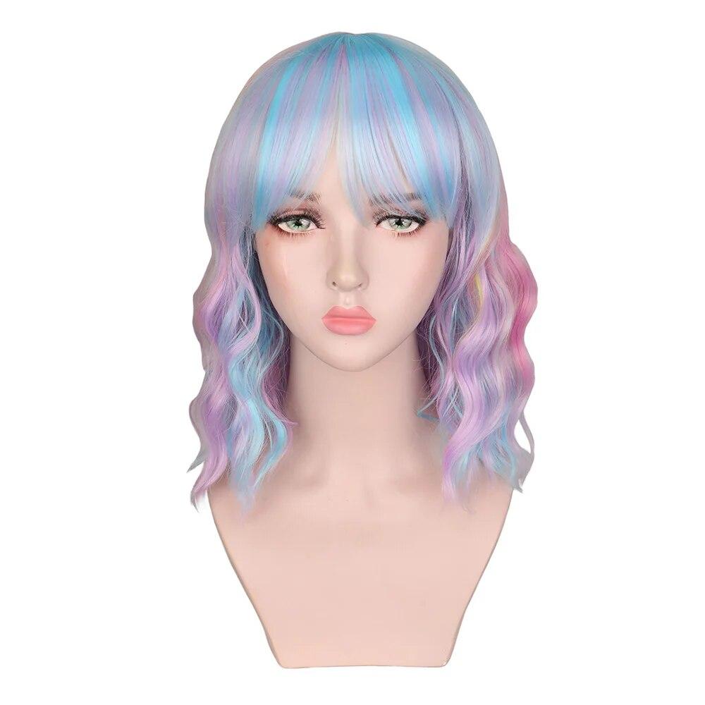 

Женский короткий волнистый парик с челкой, женские синтетические волосы, парик для косплея, радужные разноцветные парики для вечеринок