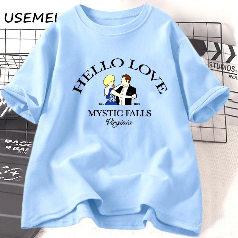 Hallo Liebe T-Shirt Damen Herren Vampire Diaries Fans T-Shirt Klaus und Caroline Tee Mystic Falls Virginia Grafik T-Shirt Damenbekleidung