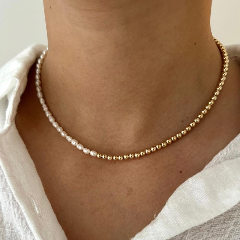 

Vlen Natural Freshwater Pearl Necklaces 18 K Gold Plated Necklace Half Pearl Half Gold Color Bead Elegant Jewelry for Women Gift