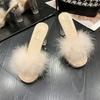 Fashion Fluffy Shoes Women's Slippers and Ladies Sandals Job Slides Heeled Sexy Furry Transparent Outside Open Toe Unique Easy Wears B Y