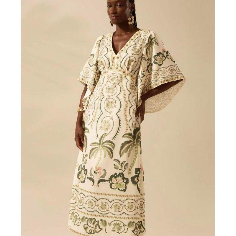 Amazon Vacation 2025 Summer New V-neck Fashion Loose Print High Waist Long Dress Women Dress