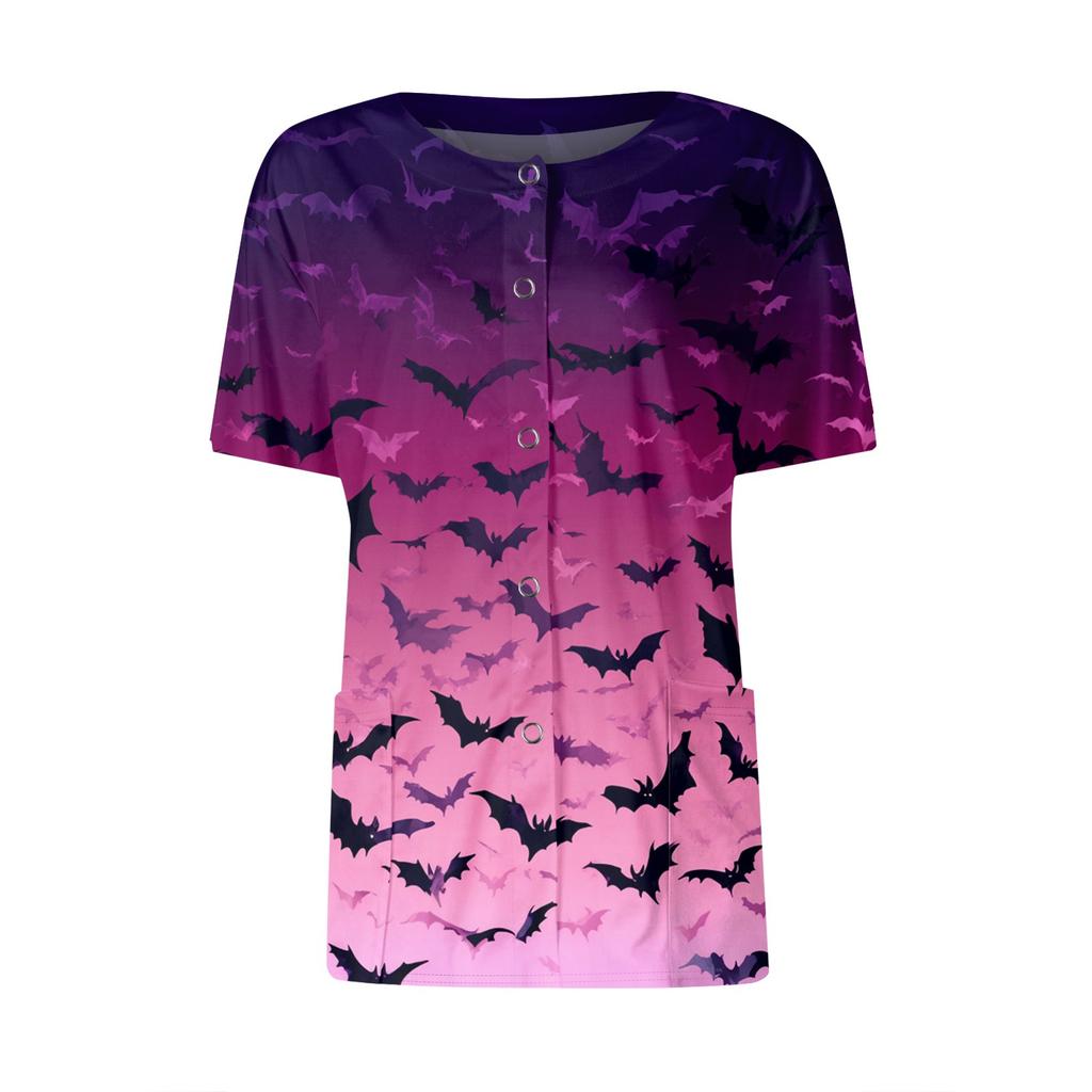 Women's Short Sleeved Patterned Pockets, Work Print Stand Up Collar, Single Breasted Protective Clothing, Cardigan Jacket, Top