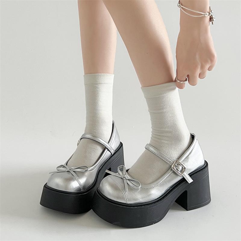 Silver French retro round head light mouth thick high heel single shoes women's 2025 new summer skirt JK Mary Jane shoes