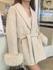 Women's New Autumn Winter Versatile Tweed Cape Coat Belt Loose Fashion Sense Elegant Fox Fur Cuffs Blends Mid Length Coat