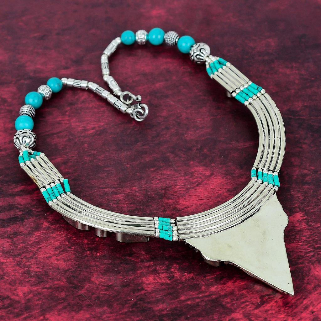 Blå turkis håndlaget edelstenskjede, 925 solid sterlingsølv antikke smykker justerbart kjedekjede, for forlovelsesgave