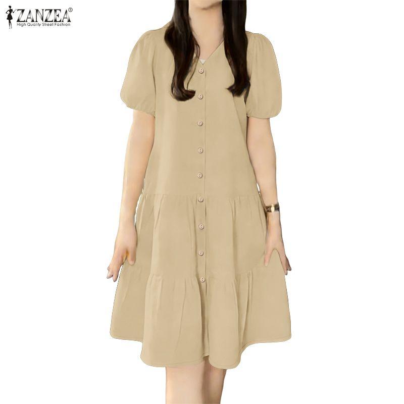 ZANZEA Women Casual V-Neck Solid Color Summer Short Sleeve Dress