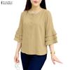 ZANZEA Women Casual Round Neck Solid Color Loose 3/4 Sleeve Blouse