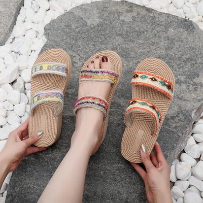 Retro Summer Fashionable and Comfortable Wedge-heeled Slippers for Women Thick-soled Flip-flops Ethnic Style Casual Beach Shoes