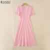 ZANZEA Women Casual V-Neck Short Sleeve Summer Pleated Long Dress