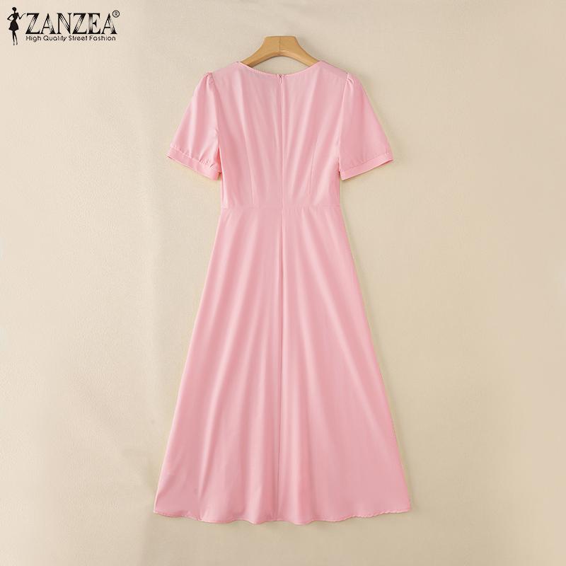ZANZEA Women Casual V-Neck Short Sleeve Summer Pleated Long Dress