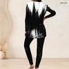 Women Plus Size Black White Printed Round Neck Long Sleeve Longline Top Fitted Pants Two Piece Set