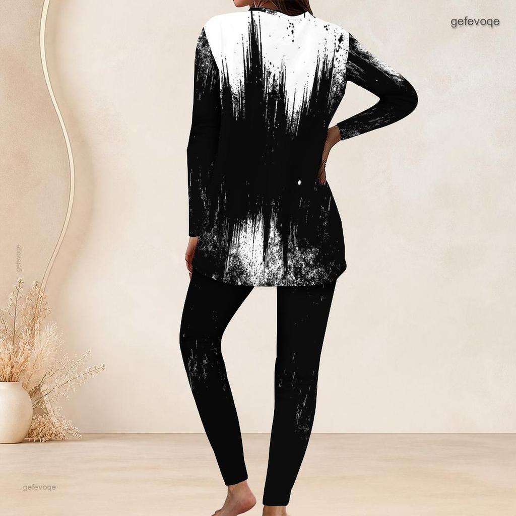 Women Plus Size Black White Printed Round Neck Long Sleeve Longline Top Fitted Pants Two Piece Set
