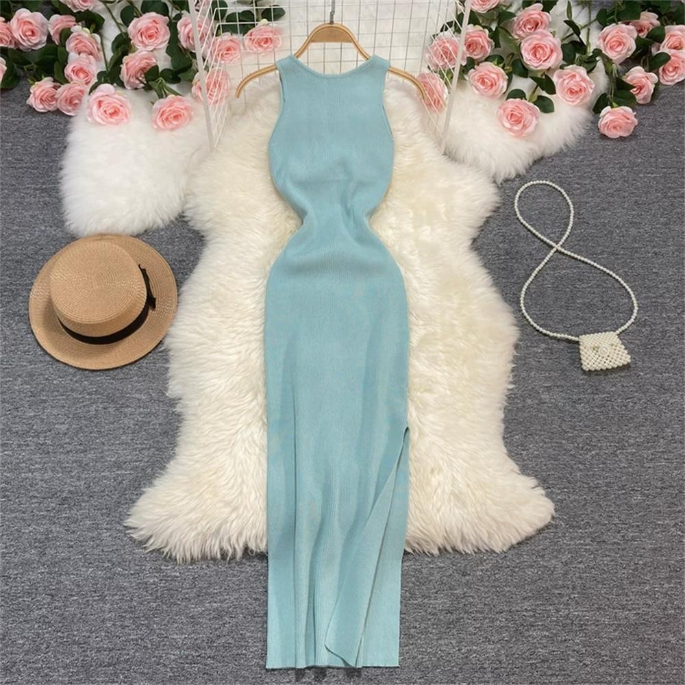 Vestido de Punto Minimalista sin Espalda para Mujer Verano SSólido de Punto sin Mangas Ajustado sin Mangas Sexy Bodycon Vestido Camiseta